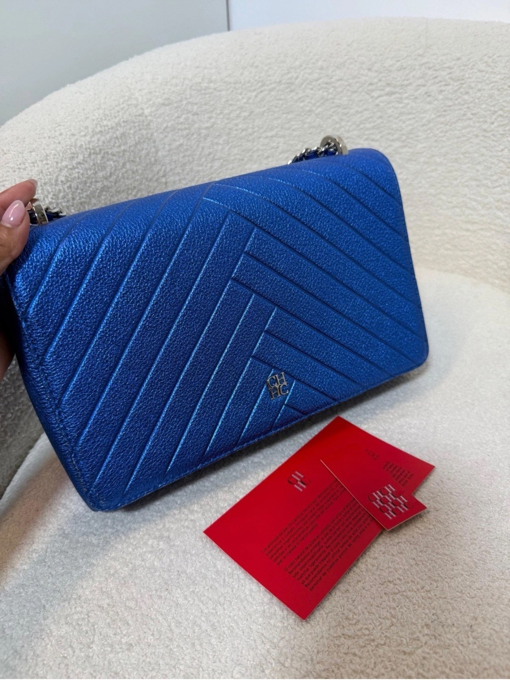 Carolina Herrera Metallic Blue Quilted leather Chain Crossbody Bag